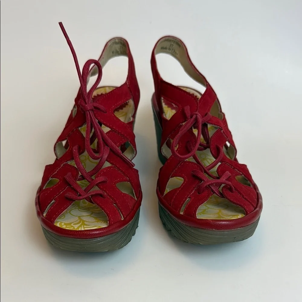 Fly London Red Strappy Wedge Sandals‎ with Gladiator Style Size 37